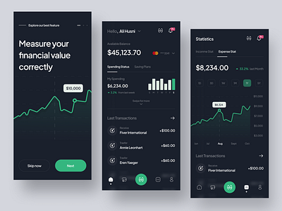 Finance Mobile App - Findust app bangking app chart clean darkmode design finance mobile app fintech mobile app home screen management app minimalist mobile app mobile app design onboarding pocket savings spending statistics transactions ui