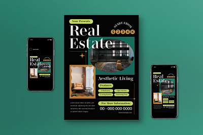 Black Minimalis Real Estate Flyer Set apartment building business design flyer graphicook graphicook studio home house instagram post instagram story investment poster print template property real estate social media template