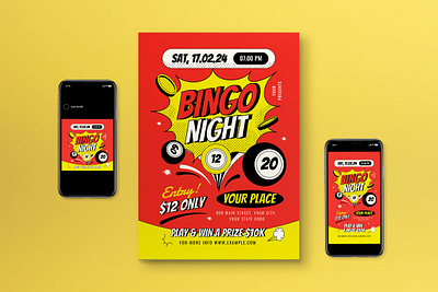 Red Pop Art Bingo Night Flyer Set bingo bingo night bingo night event event flyer flyer event game game night graphicook graphicook studio instagram post instagram story poster social media