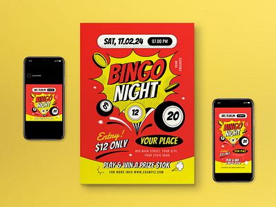 Red Pop Art Bingo Night Flyer Set bingo bingo night bingo night event event flyer flyer event game game night graphicook graphicook studio instagram post instagram story poster social media