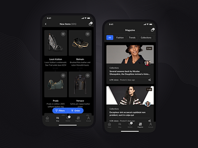 Shop Dark Theme - iOS Mobile App bags black blog brands cards dark theme ecommerce items magazine shoes shop shopping store ui ux