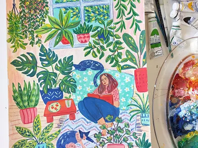 Reading corner art books children book drawing flowers gouache hand drawn illustration painting people plants reading reading corner