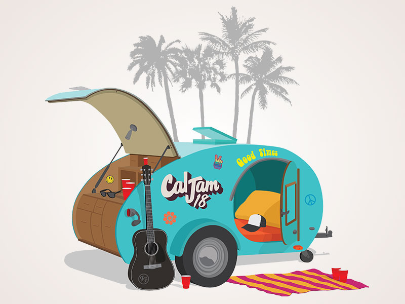 CalJam festival merch band tee camping festival festival merch foo fighters graphic design graphic tee guitar hippie illustration merch merchandise palm trees retro rv socal trailer vector