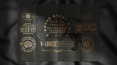 V-House Brand Identity Design badges bar branding design monogram steak vintage