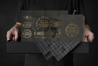 V-House Brand Identity Design badges bar branding monogram steak vintage