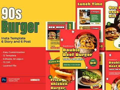 Funky Burger Shop Instagram Template 90s branding burger colorfull design engagement funky instagram instagram template marketing post promotion shop social media story