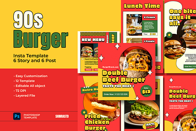 Funky Burger Shop Instagram Template 90s branding burger colorfull design engagement funky instagram instagram template marketing post promotion shop social media story