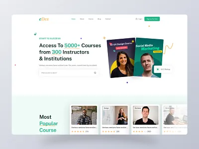 eDex - Online Course E-Learning Website. Free Figma Template courses landing page design e learning echotemplate education figma learning platfrom minimal online course online courses product design school tutoring ui uiux university web