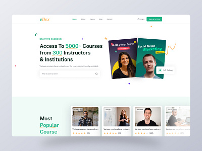 eDex - Online Course E-Learning Website. Free Figma Template courses landing page design e learning echotemplate education figma learning platfrom minimal online course online courses product design school tutoring ui uiux university web