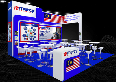 Mercy Malaysia 6x6 Exhibition Booth 3d 6x6 aid backdrop backwall blue booth branding charity design event exhibition fair fundraising non profit render rescue show space visualization