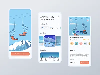 Travel service - Mobile app clean design explore mobile app mobile design ski sled snow snowboard surf tourism travel travel agency travel app travel service traveling trip ui ux winter