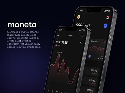 Moneta - A crypto trading app app crypto dark mode dashboard design studio figma mobile web 3.0