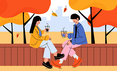 Couple sitting on a bench under the trees in the fall couple fall illustration poster vector