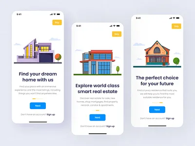 Real Estate Mobile App Onboarding Screens app design fintech illustration interface illustration interfaces login flow mobile app mobile design mobile inllustration mobile interface mobile screen onboarding screens real estate real estate app signup flow user interface