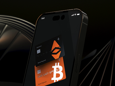 Crypto Wallet App — 3D Animation Concept 3d binance bitcoin blockchain btc card credit crypto dark dark theme ethereum finance invest iphone 14 mobile mockup pro realistic trading