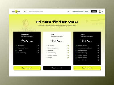 Podcast Website Pricing Page audio design plans podacast podcasting pricing pricing cards pricing plan radio streaming ui design web design