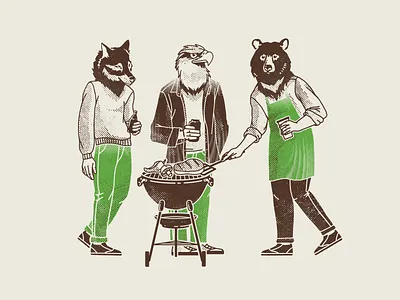 Chillin' animals bbq bear brand design brand identity branding characters chilling eagle eco friends friendship fun grill illustration limited color scheme sustainability unique illustration wolf