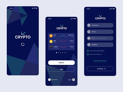 Crypto blue and white clean ui darkmood fintech mobile app design ui