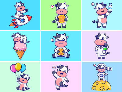 Cute Cow🐄🍦🎈 acticity animals astronaut baby balloon coin cow cute farm ice cream icon illustration kids logo mammal milk pet pose space