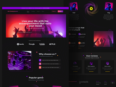 Clustymusic - Landing page album dark mode hero section landing page landingpage music music landing page music player play music section page streaming ui uiux ux web web design website website design