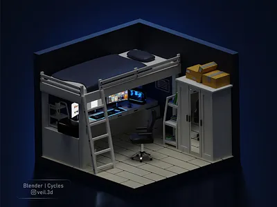 Isometric Work Room 3d 3d illlustration 3d render dark design game room ikea illustration inspiration isometric low poly room white workspace