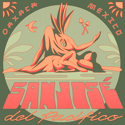 San José del Pacífico agave green illustration lettering line art mexico moon mushrooms nature oaxaca pink plants psychedelic sun type typography woman
