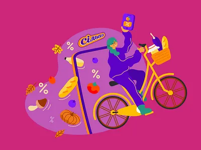 Autumn discounts application autumn bike black friday sale cartoon character delivery design discounts ecommerce food illustration girl illustration market offers sale shop supermarket vector vegetables