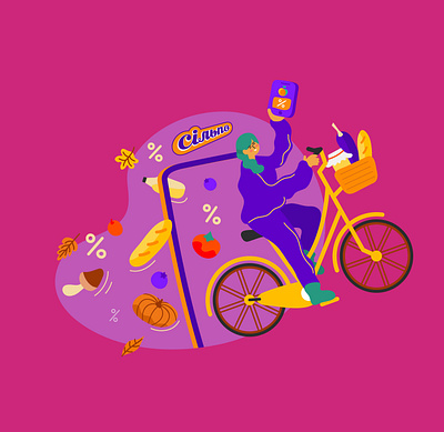 Autumn discounts application autumn bike black friday sale cartoon character delivery design discounts ecommerce food illustration girl illustration market offers sale shop supermarket vector vegetables