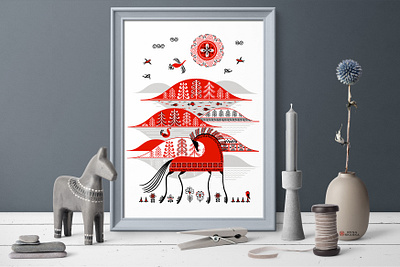 MEZEN HORSE amulet birds black folk art illustration landscape ornament packaging painting red russian ornament sun textile design