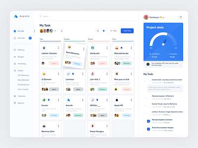 Aventik - v2 activities add task aventik board calendar filters management marketing meeting profile progress project project management reports review schedule stats task todo web app