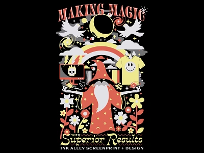 Making Magic alley clouds computer fire flowers illustration ink keyboard magic moon night pigeon rainbow results screen print skull stars superior t shirt wizard