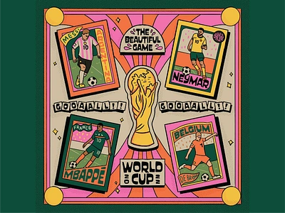 World Cup 2022 Illustration Poster 70s advertising athletics belgium design fifa football futbol illustration lettering mbappe messi neymar player cards retro soccer sport sports symmetry world cup