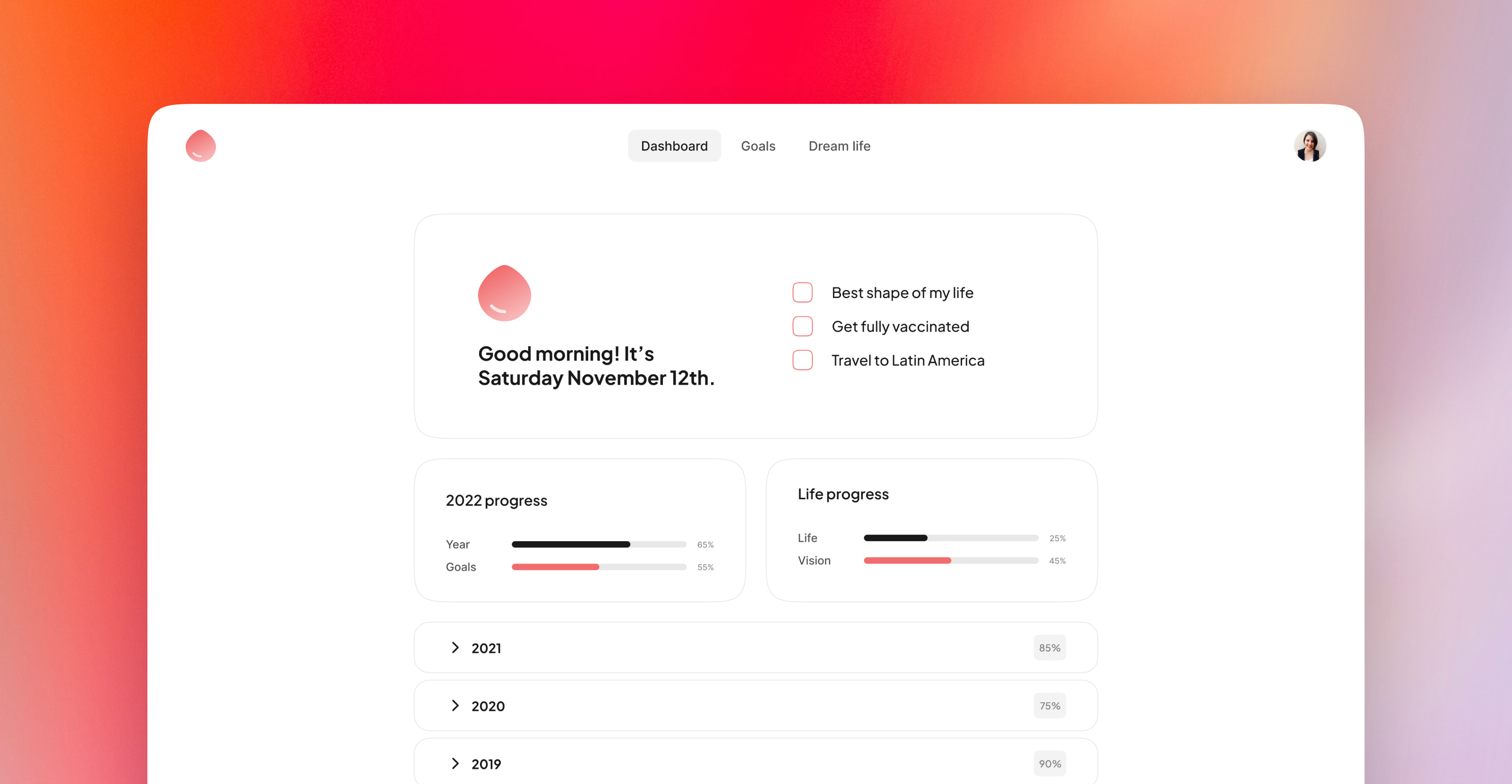 Monkeymama - essential dashboard for life success app clean dashboard design flat goals minimal personal red todo tracking ui ux