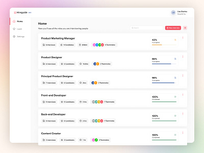 Hireguide • Dashboard actions admin avatar dashboard design system filter interview list menu navbar painel progress roles search sidebar webapp