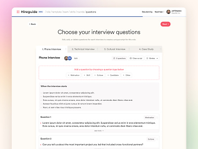 Hireguide • Interview Questions admin avatar builder dashboard form interview painel progress questions tabs wizard