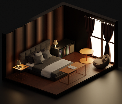 Isometric bedroom 3d blender compositing illustration