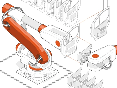 Industrial Robots adobe illustrator assembly car engineering industrial industry isometric isometric art line art metal process robot robotics tech technical drawing technical graphics technical illustration technology vector graphics