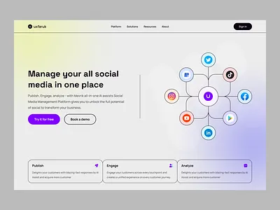 Social media management clean design landing page management minimal saas website social media ui web design web ui