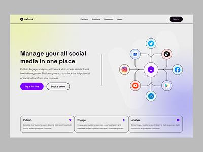 Social media management clean design landing page management minimal saas website social media ui web design web ui