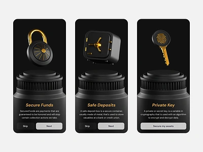 Safe & Secure Icons 3d 3dart bank black blender crypto dark gold icon illustration key lock logo money render safe safety secure security ui