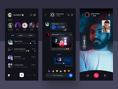 Messenger Mobile App Design - Dark Version 3d app app design branding chatting dark dark moded graphic design group chat ios meeting messenger app social social app telegram ui video call video call app whats app