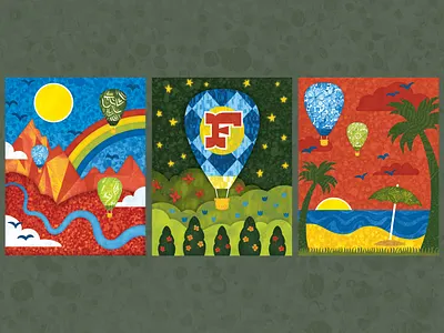 Nursery Art – Hot Air Balloon Triptych art beach clouds design flowers forest garden hot air balloon illustration mountains nursery paint pattern plants rainbow river texture trees triptych typography