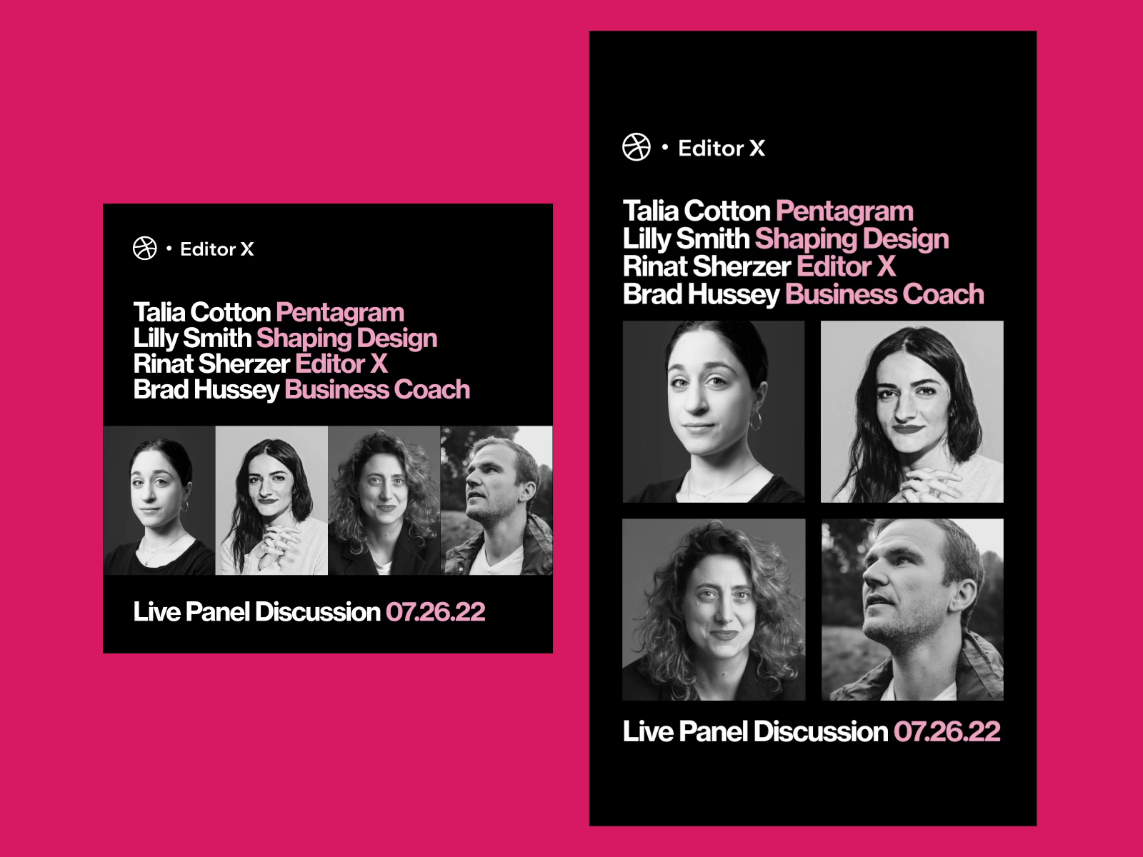 Social media ads for Dribbble + Editor X panel discussion by Kaity