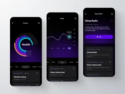 Health & Fitness App app cards chart circle dark mode data design health infographic mobile pie pie circular statistic template ui ux