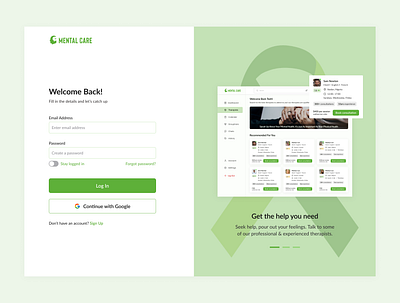 Login page for a mental care app design health health app health dashboard login page login screen mental care app mental health mental health dashboard mind sanity ui ui design ui ux web login screens