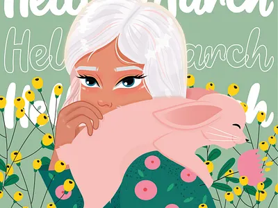 Девочка с кроликом art cute cute art design girl graphic design illustration typography vector web кролик открытка цветы