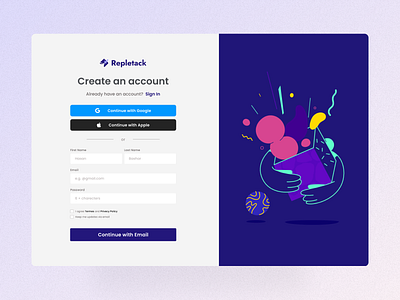 Repletack - Sign Up Page figma log in minimal sign up form sign up page sign up screen sign up ui signup ui web design