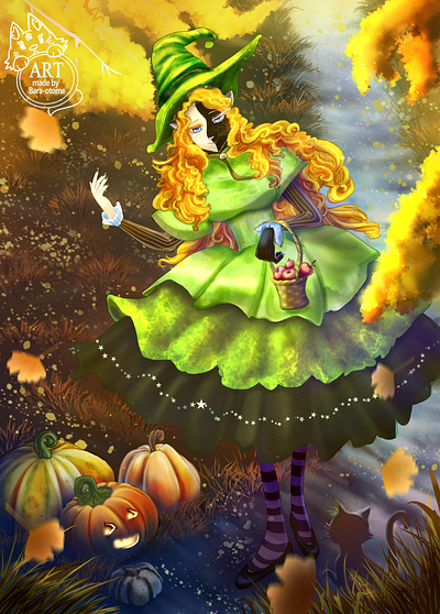 witch cat in the autumn forest animegirl autumn cat character halloween illustration pumpkin witch