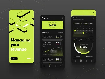 Revenue Manager App app calendar chart finance graphic design illustration mobile money neon onboarding ui
