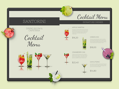 Santorini: Restaurant & Cafeteria Cocktail Menu 3d analog animation banner branding cafeteria cocktail design flyer fxr graphic design illustration logo menu motion graphics music poster restaurant santorini ui